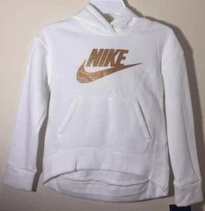 Nike Girl's Futura Fleece Lined Hoodie Cream & Gold Glitter Sz 6 - Picture 1 of 4