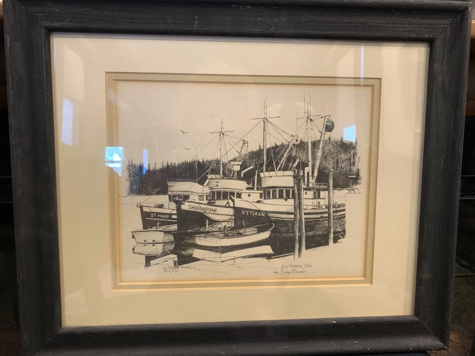 Ilustración de colección Gig Harbor Washington por Hal Burn's MaLoney enmarcada y letrero Foto 1 de 1