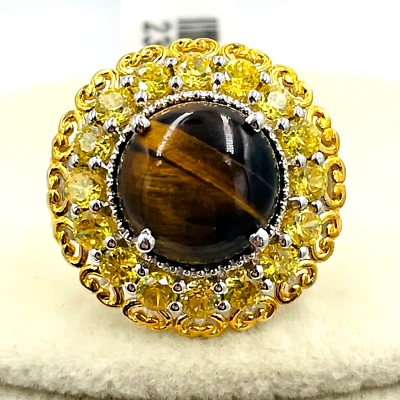 Tiger's Eye w/ Citrine Filigree Stamped 925 Sterling Silver/Vermeil Ring Size 7 - Image 1 of 4