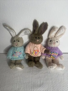 Set of 3 Plush Bunnies/Rabbits with Movable Joints & Knitted Outfits 11” tall - Picture 1 of 6