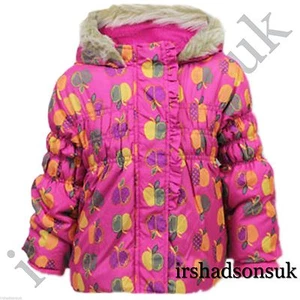 NEW GIRLS FRUIT APPLE PRINT PADDED FUR HOODED LIGHT WEIGHT COAT JACKET 12Mth-3Yr - Picture 1 of 1