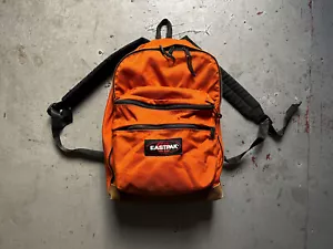 90s Vintage Eastpak Double Pocket Leather Bottom Orange Backpack Made In USA - Picture 1 of 12