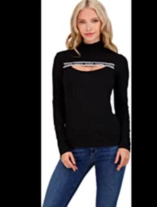 Bebe Damen schwarz Langarm Stehkragen Schlitz spitz zulaufendes Logo Größe Large neu mit Etikett - Bild 1 von 7