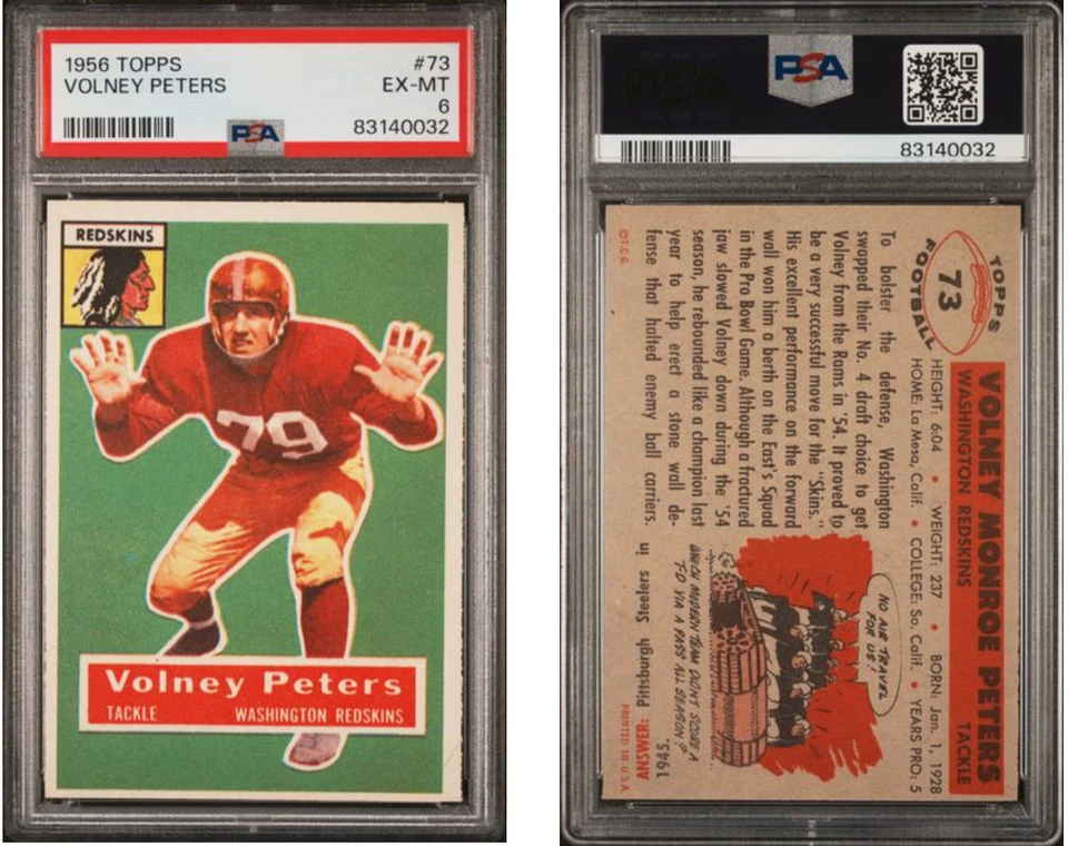 1956 Topps Football #73 Volney Peters Washington Redskins PSA 6 EX-MT - Image 1 of 1