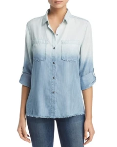 $159 T Tahari Women'S Blue White Spread Collar Long Sleeve Button Up Top Size L - Picture 1 of 2