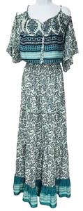 Maxi Vestido Floral Plisado Lascana Hombro Frío Manga Acampana Verde Talla 10 MED - Imagen 1 de 19