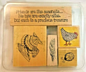 Wood Mounted Rubber Stamps Sea Shells, Chicken, Lady Bug & Quote Lot of 5 - Picture 1 of 7