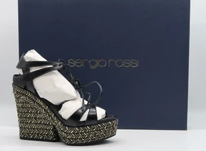 SERGIO ROSSI Black Leather Espadrille Chunk Wedge Metallic Strappy Lace Up Shoes - Picture 1 of 13