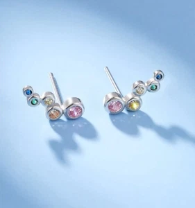 Platinum 925 Sterling Silver Rainbow Zirconia Bubble Stud Earrings (Multi,Clear) - Picture 1 of 7