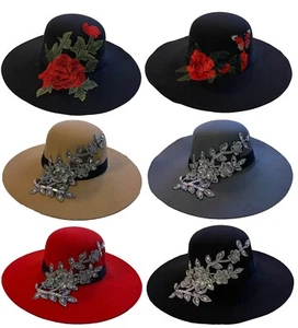 Lady Vintage Floppy Flower Leaf Stone Patch Wide Brim Church Dress Fashion Hat - Picture 1 of 7