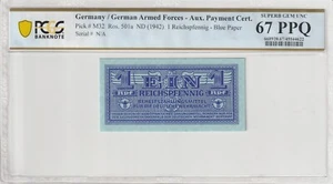 Germany 1942 1 Reichspfennig Certified PCGS Banknote UNC 67 PPQ Pick M32 WWII - Picture 1 of 2