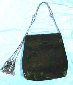 Vintage LE REGALE Stylish Black VELVET BEADED TASSELS & HANDLE Evening Bag Purse - Picture 1 of 4