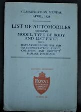 1920 CLASSIFICATION MANUAL BLUE BOOK LIST OF AUTOMOBILES ROYAL INSURANCE PRICE