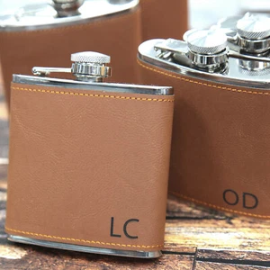 Personalised Engraved Flask - PU Tan Leather Hip Flask Monogram Iniials Cute! - Picture 1 of 12
