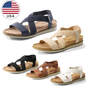Women Low Wedge Sandals Open Toe Slip On Strappy Flat Sandals Comfortable Shoes - Picture 1 of 42