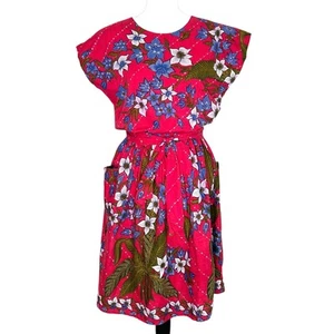 Vintage Malaysian Batik Dress 100% Cotton Floral Red Pink Syarikat Feringgi M - Picture 1 of 10