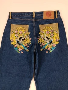 Pantalones de mezclilla Ed Hardy Christian Audigier bordados calaveras talla 38W X 34L  - Imagen 1 de 17