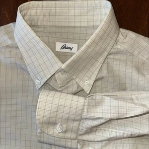 Brioni Dress Shirt Mens 16.5 (42) Light Cream Check Preppy Button Up Cotton - Picture 1 of 12
