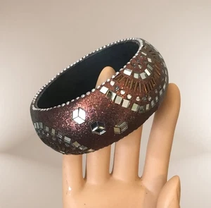 Brown Glitter Mirror Inlay Bead Curved Bangle Bracelet 8 inches - Picture 1 of 3