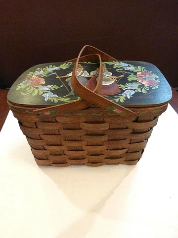 Vintage Picnic Basket Painted Hinged Lid Double Handles Farmer & Wife Cover