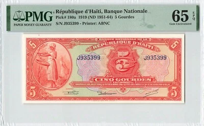 HAITI 5 Gourdes 1951-1964, P-180a Rare Type PMG 65 EPQ Gem UNC Second Finest 1/1 - Image 1 of 2