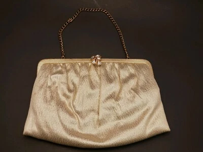 60s Vintage Clutch Handbag by Ande Metalic Lame Gold  Rhinestone Clasp and Chain - Image 1 of 4