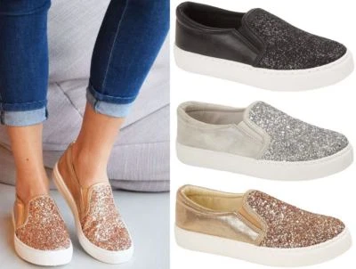 Ladies Womens Flat Slip On Glitter Summer Pumps Skate Fashion Trainers Shoes Siz