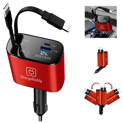Retractable Car Charger - 4 in 1 Fast Car Phone Charger, 120W, For Iphone Red - Image 1 of 4