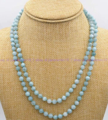 6mm Natural Blue Aquamarine Gems Round Beads Necklace Long 36 Inches - Image 1 of 4