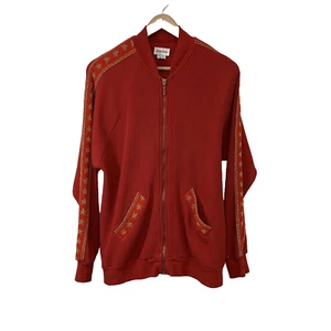 Vtg Neiman Marcus Thermal Waffle Knit Red Sweatshirt Woman M Zip Gold Trim USA - Picture 1 of 11
