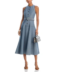 Women Cinq A Sept Round Neck Sleeveless Denim Midi Dress - Picture 1 of 4