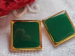 Duo boutons vintage métal vert carré lourd 2 cm G14T - Picture 1 of 2