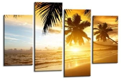 Large Seascape Sunset Love Art Print Orange Gold Framed Split Canvas Picture - Image 1 of 4