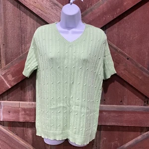 Breckenridge Cable Knit Sweater Medium Petite PM Pastel Green Short Sleeve Basic - Picture 1 of 13