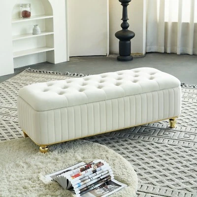 Modern Button Tufted Velvet Storage Ottoman Bench Footstool with Gold Metal Legs - Image 1 of 4