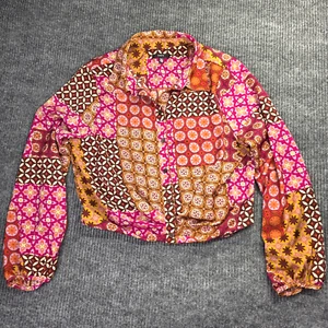 Anthropologie DREW Shirt Women M Pink Cropped Floral Boho Patchwork Artsy Retro - Picture 1 of 12