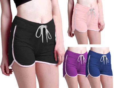 WOMENS GIRLS SHORTS WHITE SIDE STRIPE NECKAR YOGA SPORTS CASUAL DANCE GYM SHORTS - Image 1 of 4