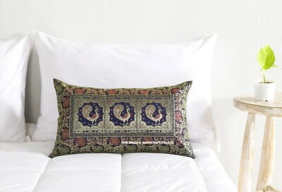 Indian Pillow Case Peacock Brocade Silk Mandala Blue Cushion Cover Throw 12X20" - Image 1 of 4