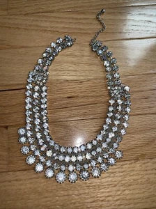 Vintage Rhinestone Collar Bib Necklace Silver Tone 15" Adjustable Statement - Picture 1 of 6