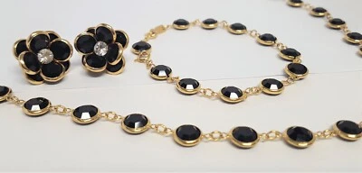 Swarovski Black Crystal Gold Bezel Bracelet Necklace Earrings Set Swan Mark Vtg - Image 1 of 4