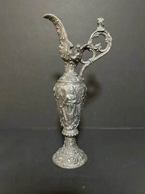 Vintage Spelter Ornate Caduceus w/Cherub Angel Hangle Ewer Set Urn Pitcher Mint - Image 1 of 4