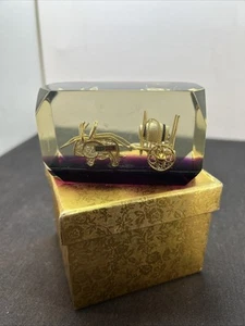 Kitsch Purple/ Gold Acrylic Paperweight Filigre Portuguese Bull Cart 3.5” X 2” - Picture 1 of 9
