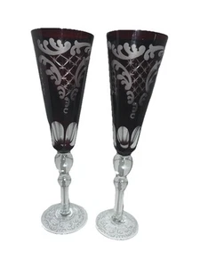 Rubinrot geschliffen auf klarem Kristall böhmisch tschechisch Sektflöte Vintage geätztes Fenster 2 - Bild 1 von 7