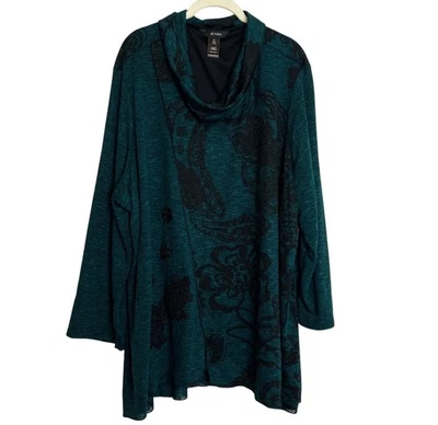 Suéter túnica Ali Miles para mujer 3X verde azulado oscuro capucha cuello tejido patrón floral NUEVO Foto 1 de 4