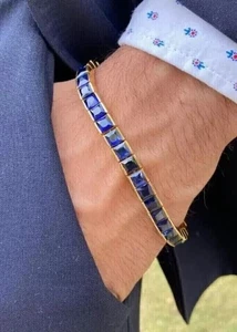 10 Ct Princess Lab Created Sapphire Men's Tennis Bracelet 14K Yellow Gold Plated - Picture 1 of 5