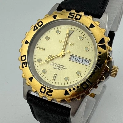 Винтажные швейцарские кварцевые мужские часы Geneve 100 м двухцветная сталь вращающийся ободок новый аккумулятор - Изображение 1 из 4