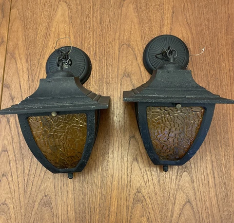 Pair Of Antique Hanging Porch Light Cast Iron Amber Glass Thomas Industries Inc Cover