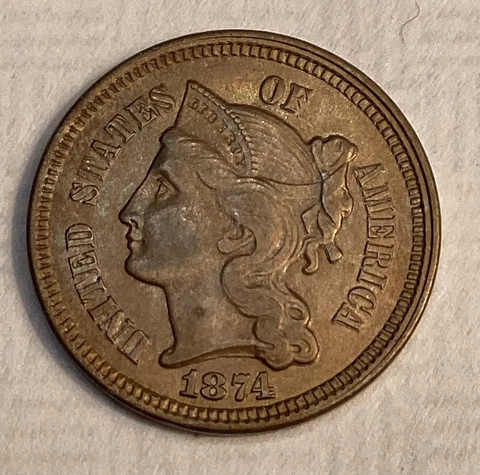 1874 Three Cent Nickel- 0.75 Copper, 0.25 nickel        + $3.00 shipping Cover