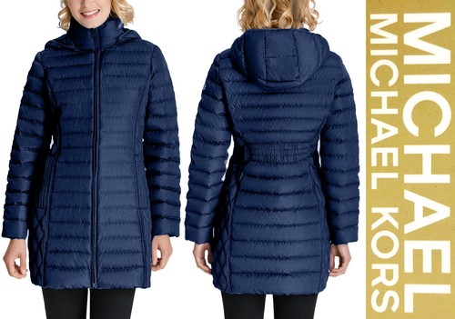 Giacca lunga Michael Kors imbottita imbottita blu navy puffer taglia M nuova con etichette cappuccio rimovibile
