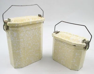 2 Vintage French Matching Yellow Enamel Lunch Boxes Kitchen Storage Canisters - Picture 1 of 10